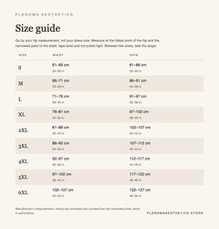 Size guide for the high-waist faja shorts: nine sizes from S to 6XL with waist and hip measurements in centimetres and inches, taken from the manufacturer's chart
