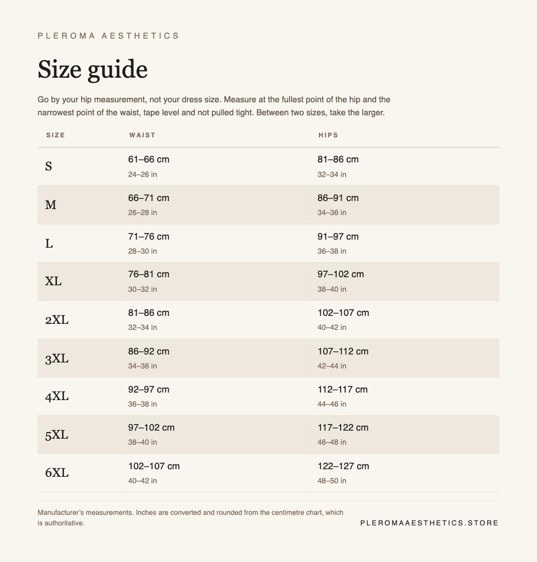 Size guide for the high-waist faja shorts: nine sizes from S to 6XL with waist and hip measurements in centimetres and inches, taken from the manufacturer's chart