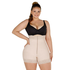 Nude high-waist faja shorts worn by a plus-size model, front view, showing the full-length front zip and lace-trimmed high-rise waistband