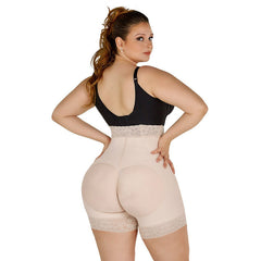 Nude high-waist faja shorts worn by a plus-size model, rear view, showing the two shaped padded seat panels and lace-trimmed hems