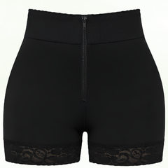 Black high-waist faja shorts, front view of the garment, showing the full zip closure and lace-trimmed leg hems